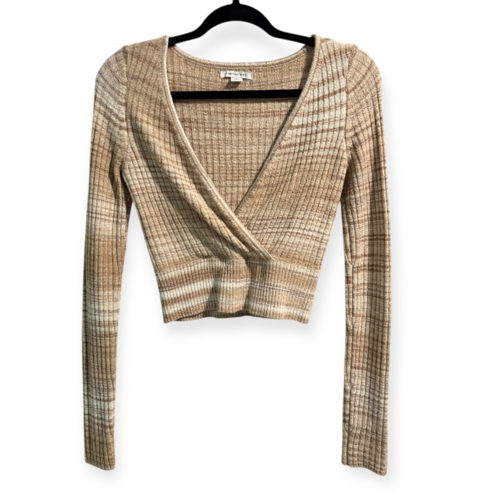 American Eagle Cream & White Ribbed Low V Neck Sweater Top- Size Small